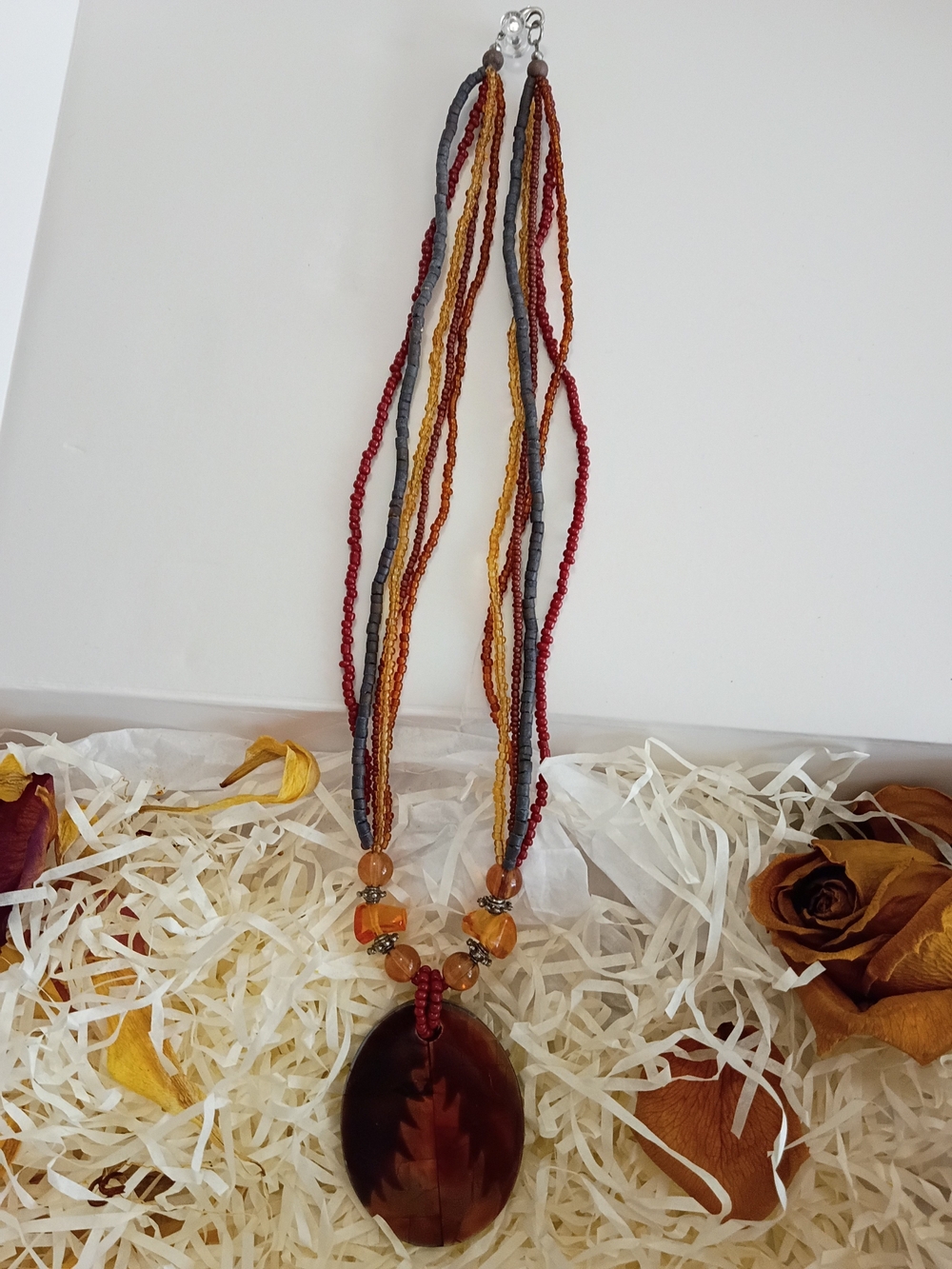 Multi-Strand Autumn Leaf Pendant Necklace -wood Enamel Gems Red, Gold, Gray